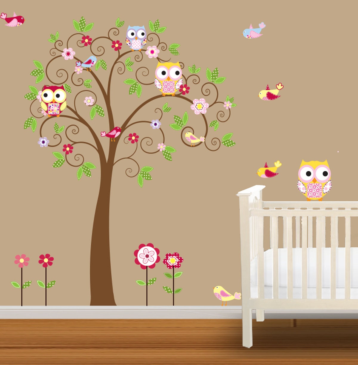 Children Wall Decal Nursery Vinyl Wall Stickers Girls Owl Wall Decal Flowers