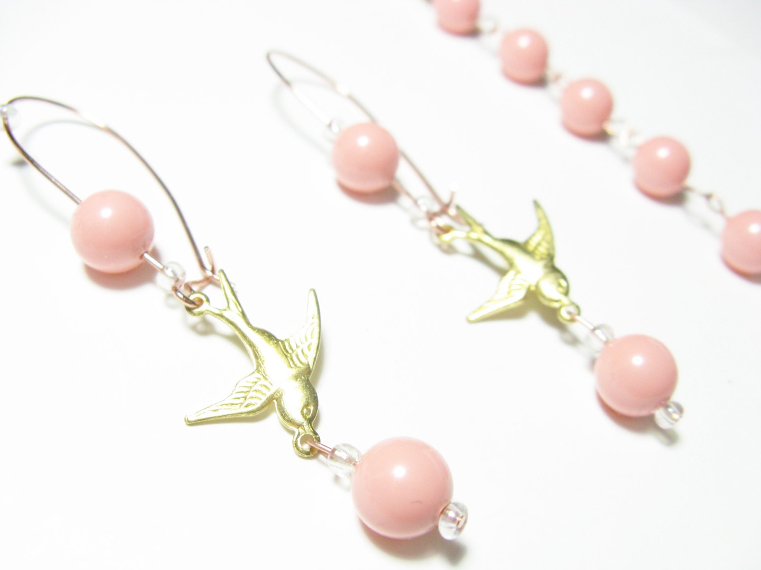 Necklace and earring combo - Rose Gold, Yellow Gold and Pink Coral Swarovski Pearls