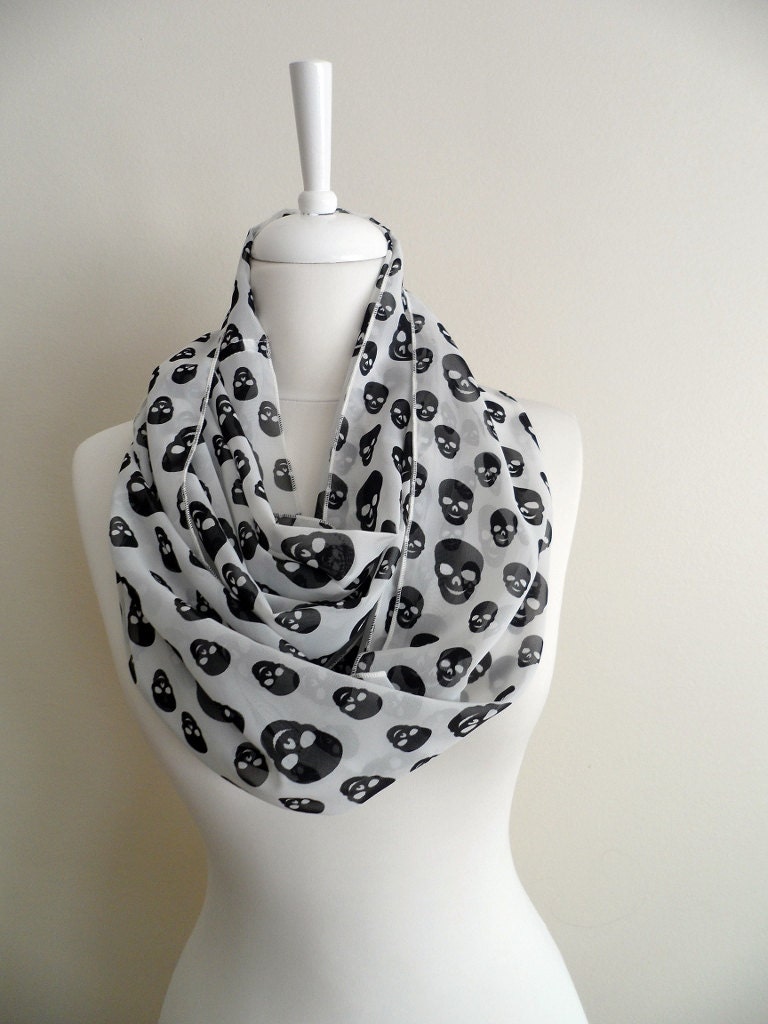 Skull Head Chiffon Infinity scarf, Circle scarf, Loop scarf, Scarves, Shawls, spring - fall - winter - summer fashion