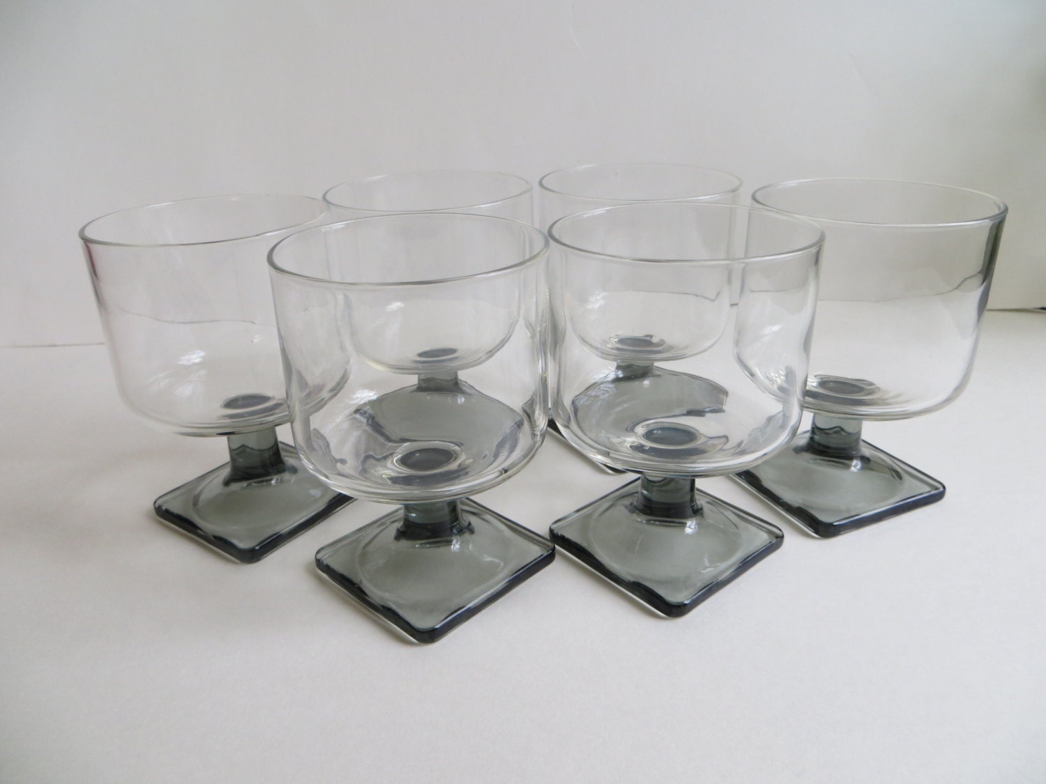 Set of Six Vintage Smoky Grey Pedestal Glasses