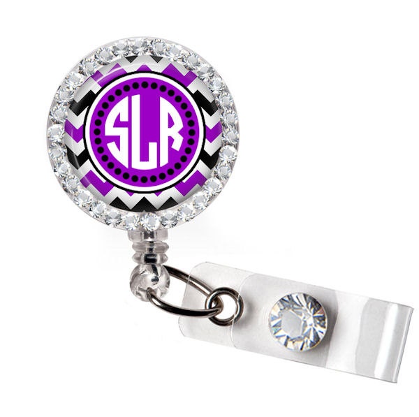 Retractable ID Badge Reel Personalized Bling Rhinestone Purple and Black Chevron Badge ID Reel, Nurse Badge Reel, Bling Badge Reel