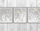 Birds on Tree Branches Set of 3 Art Prints - Woodland, Natural Home Decor - Gray Yellow & White - Tree Branch Silhouette