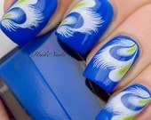 Blue White & Green Feather Nail Art Water Transfer Decal YD140 Salon Quality