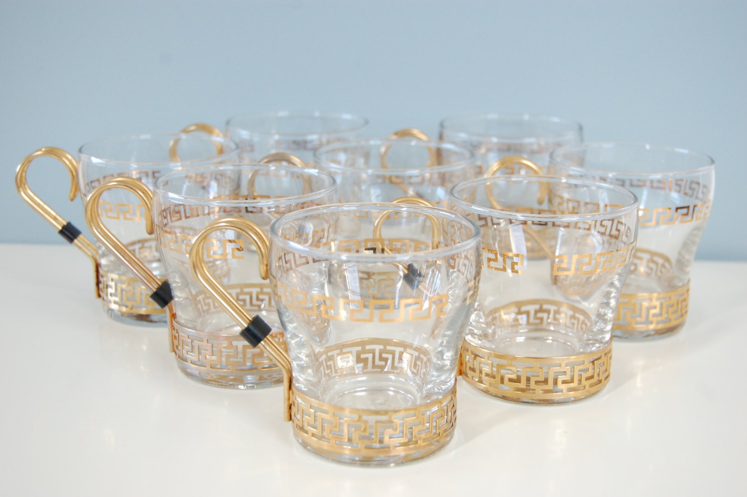 Vintage Gold Greek Key Libbey Drinking Glasses Hollywood Regency Decor Set of 8