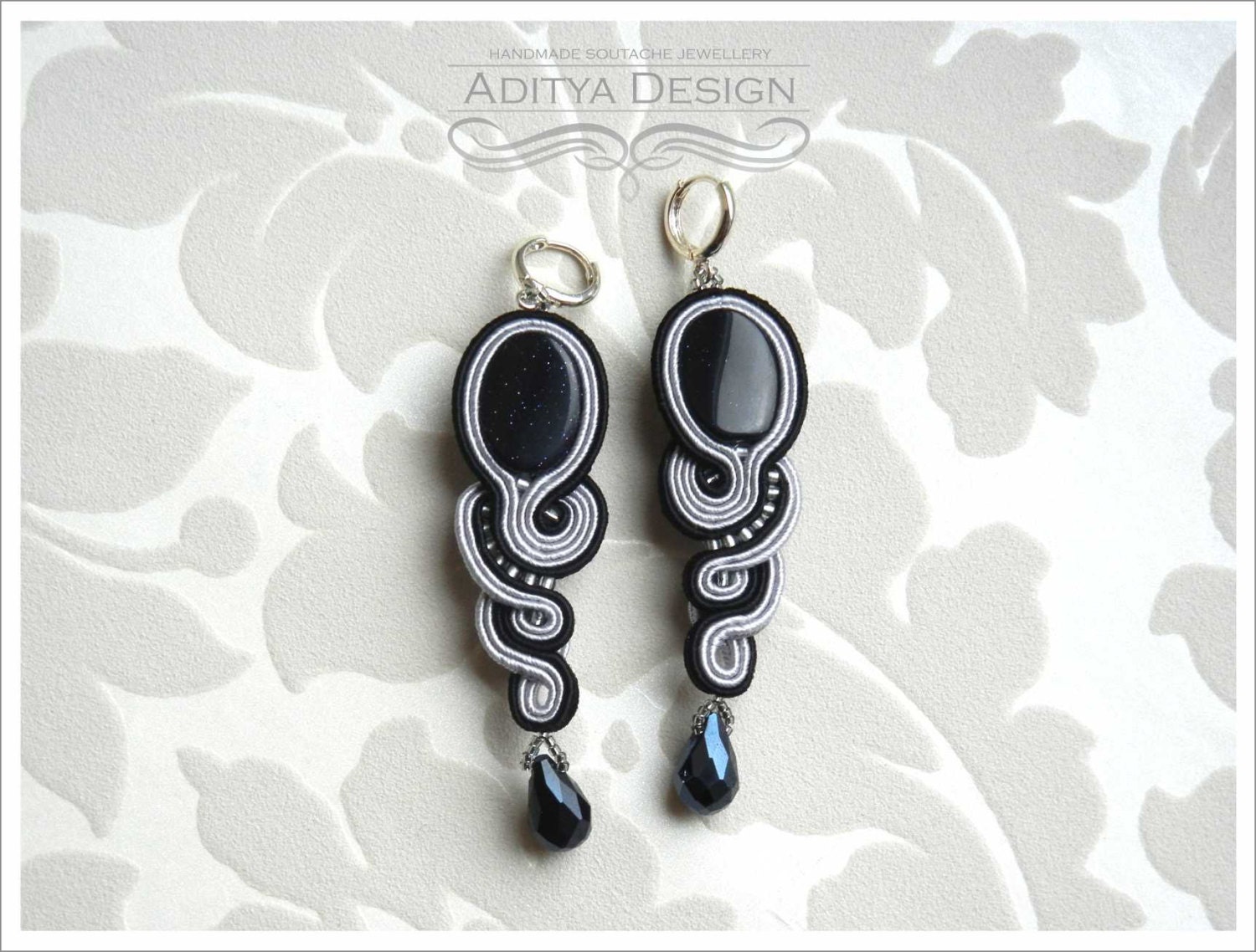 Medusa Night Cairo original. unique, very elegant black and gray handmade soutache earrings - AdityaDesign