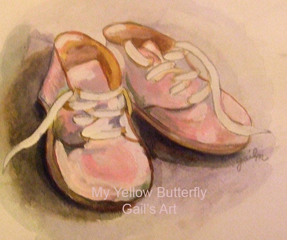 Pink Baby Girl Shoes Print of My Original Watercolor Nursery- Art Work  - Illustration - Painting