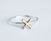 Brass and SIlver X Ring, X, Gold and Silver Ring, Thin Silver Ring, Simple Silver Ring, X Ring