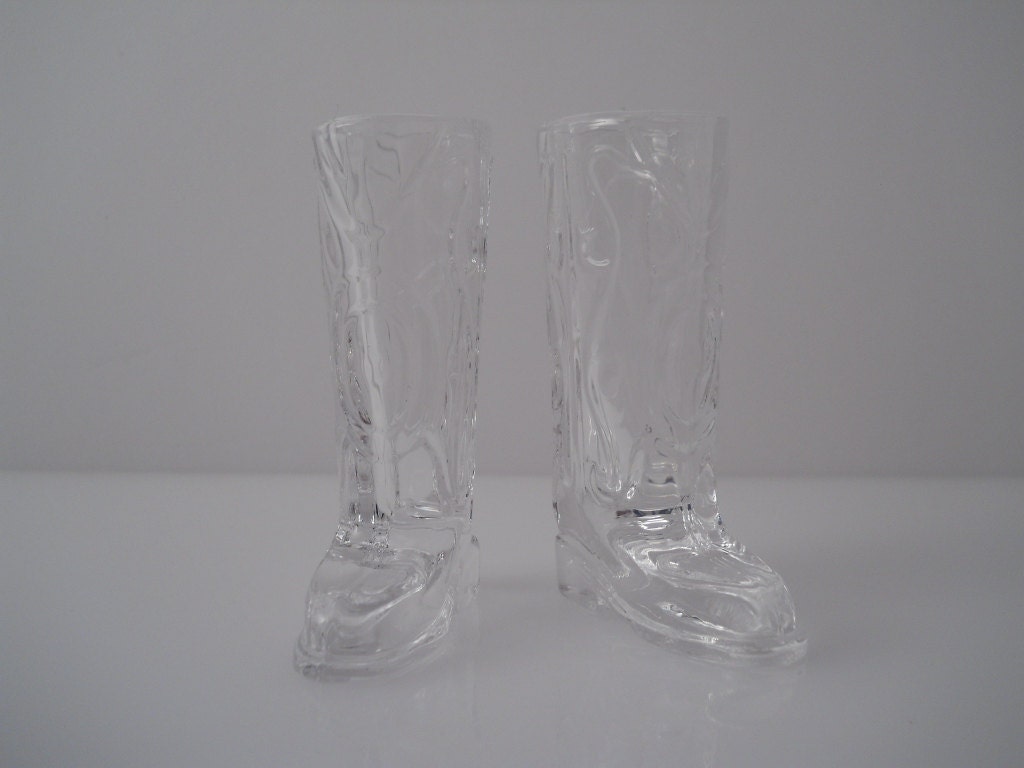 Boot Shot Glass Lead Crystal Western Style Design 1 Ounce Shot Pair c 1970s