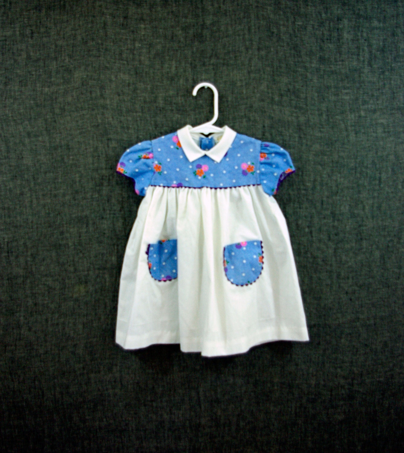 Vintage Baby Girl Denim Floral Dress, size 18 months, two pockets, purple ric rac