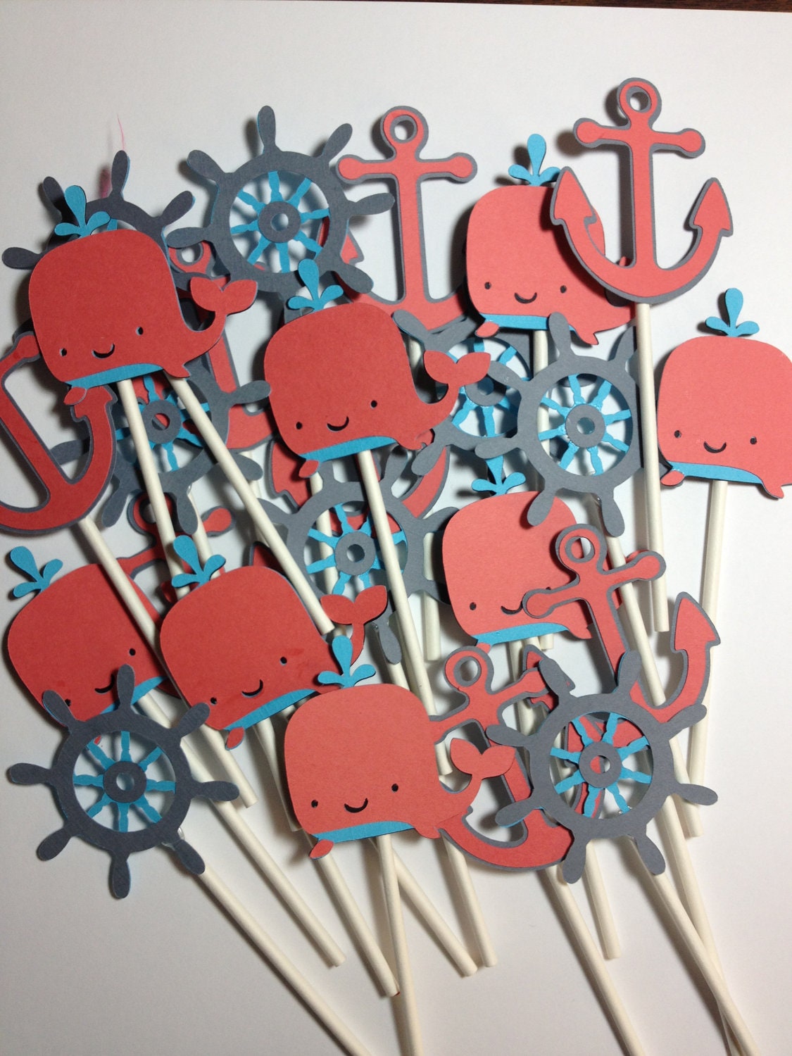 Set Of 24 Nautical Themed Party Cupcake Toppers,Grey, Coral, Aqua, Nautical Bithday, Nautical Baby,Anchors,Helm,Life Preserver