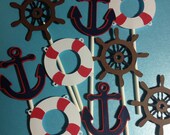 Set Of 24 Nautical Themed Party Cupcake Toppers, Nautical Bithday, Dinner Parties, Nautical Baby,Anchors,Helm,Life Preserver