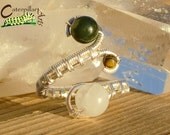Natural Moonstone Nephrite Jade Ring - Made to Order - Silver Plated Copper - Adjustable Wire Wrap Ring