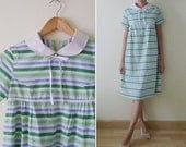 vintage baby doll blue and green stripe knee dress,loose dress,short sleeve,summer dress, white peter pan collar and cute bow tie at front