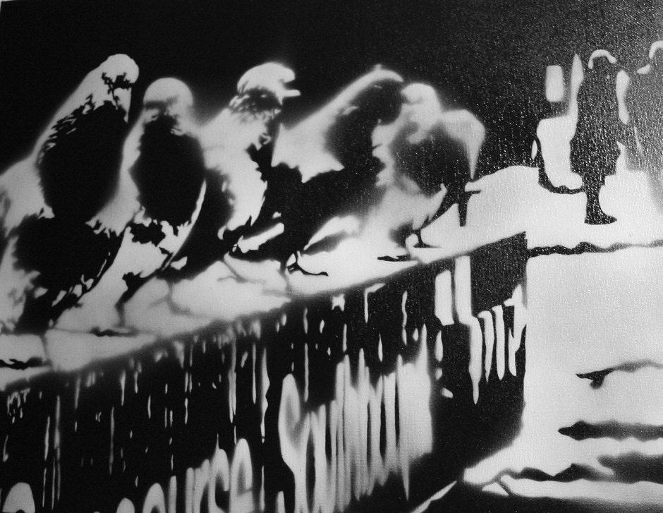 Art - "Pigeons" by Ray Ferrer -  20" x 16" Spray paint on Canvas w/ Signed COA