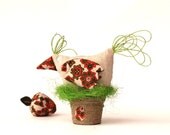 Spring Home Decor Kitchen Decor Textile Bird On Nest Fabric Bird Natural Beige With Red Cottage Chic Handmade Easter Gift