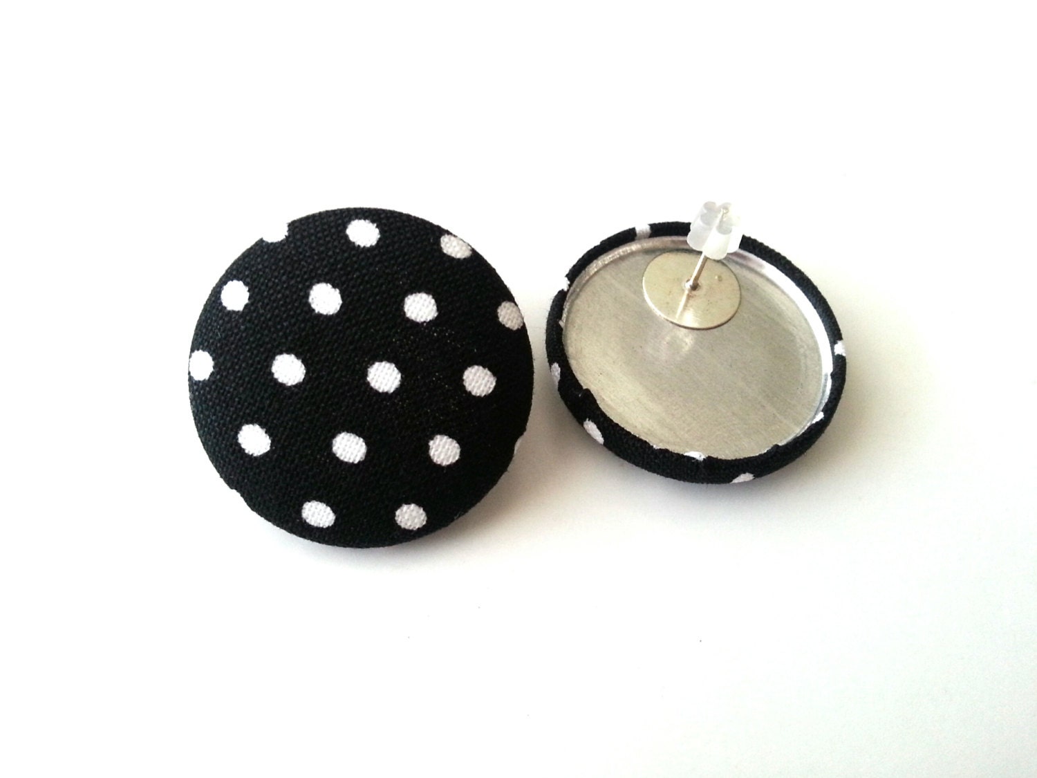 NEW black and white polka dot large fabric button earrings