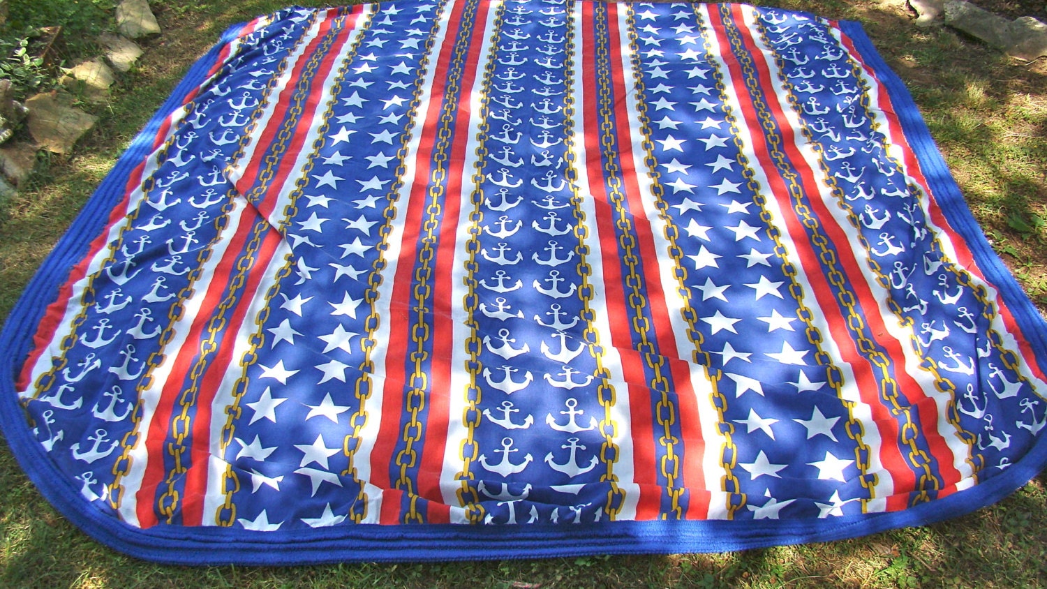 Vintage Nautical Full-Sized Bedspread, Picnic Blanket, or Fabric. Lightweight, Summer Coverlet. Red, White, and Blue. Anchors and Stars.