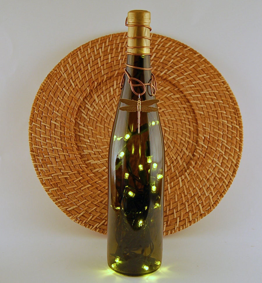 Wine bottle light, dragonfly, hand painted glass