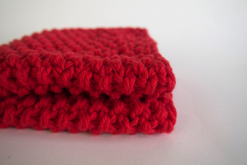 hand knit plushy cotton washcloth in bright scarlet red