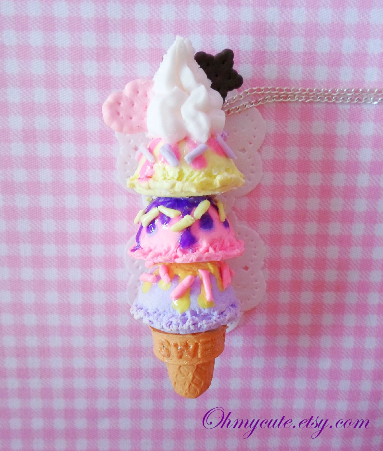 Ice Cream Cone Necklace.   Vanilla, Strawberry and Berrys - Sweet Deco Decoden Cute Kawaii Handmade Miniature Sweet Jewelry