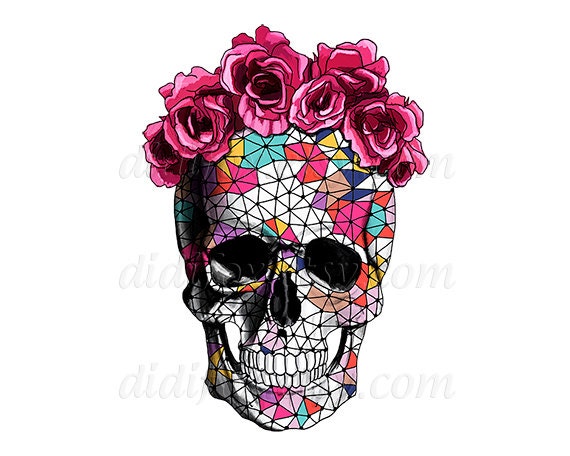 Sugar Skull with Rose Floral Crown - Printable Digital Illustration for Transfer Prints - Clipart ( 8x10), for DOWNLOAD. Item No.T0024