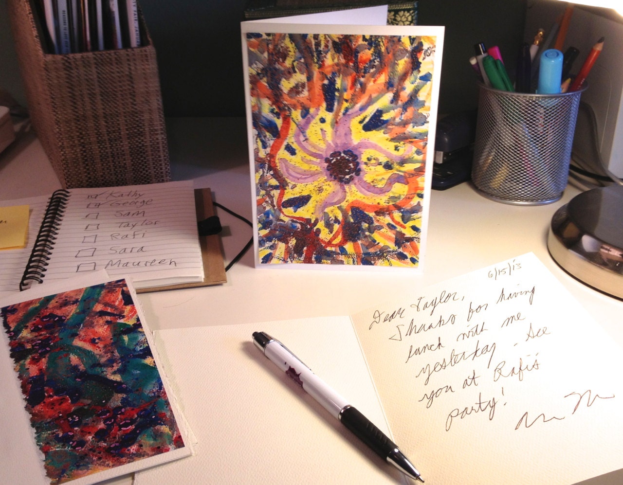 Set of 12 HIGH-QUALITY Color Prints of Abstract Originals. Blank greeting cards. Textured paper. Ribbon-tied and boxed to order.