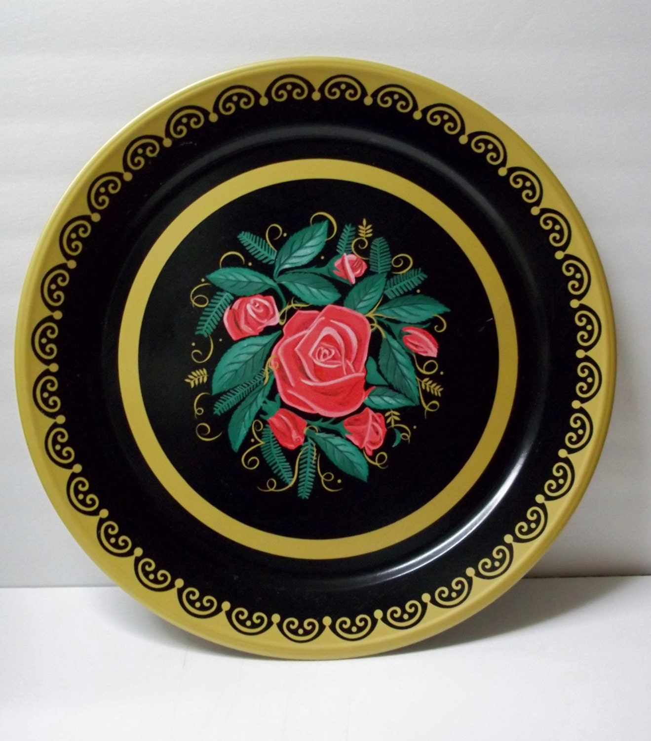 Vintage Mid Century Rose Tray Tin Wall Hanging Serving Statement Home Decor Shabby Cottage Chic