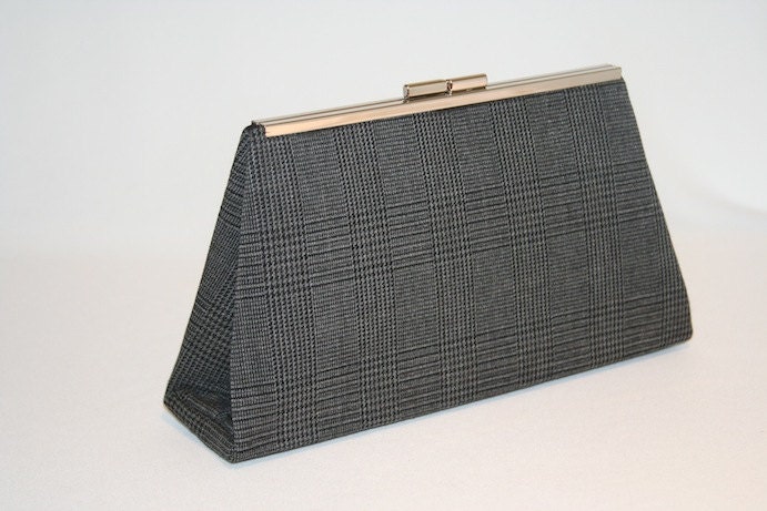Plaid Gray Clutch with Nickel Frame