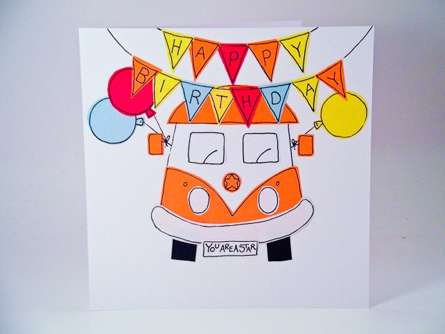 Greeting Card - Happy Birthday - Happy Birthday Bunting Camper Van Handmade Greeting Card