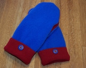 CHILDRENS / KIDS Felted Wool Mittens Made With Recycled Sweaters - Fleece Lined - Blue, Red - Sweater Mittens - Vintage Buttons