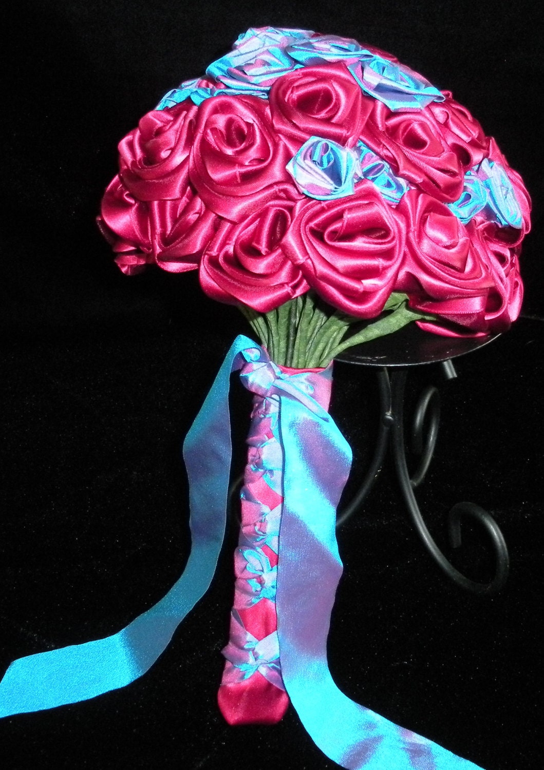 HALF OFF Iridescent Blue Taffeta with Wine Satin Bridal Bouquet