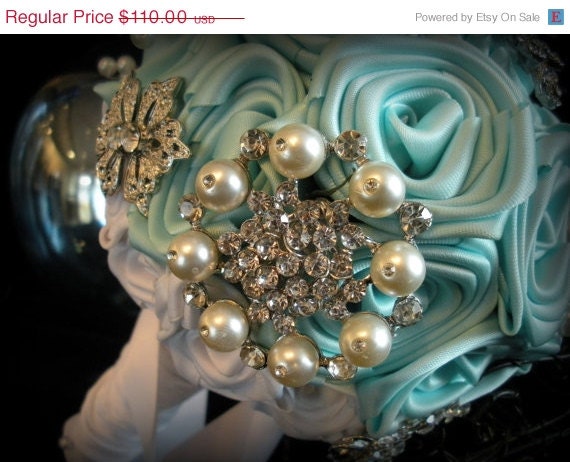 Mineral Blue & White Brooch Pearl Bridal Bouquet