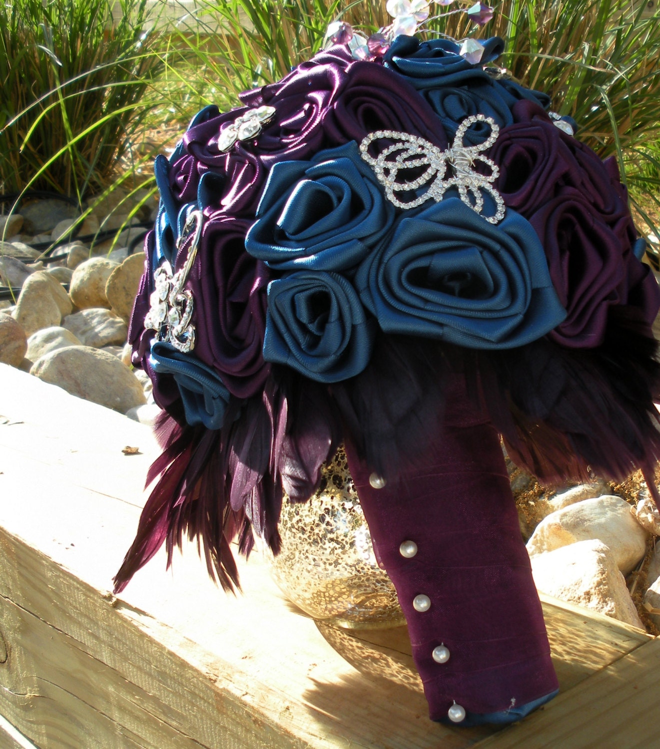 Chelle's Plum & Light Navy Feathered Brooch Bridal Bouquet