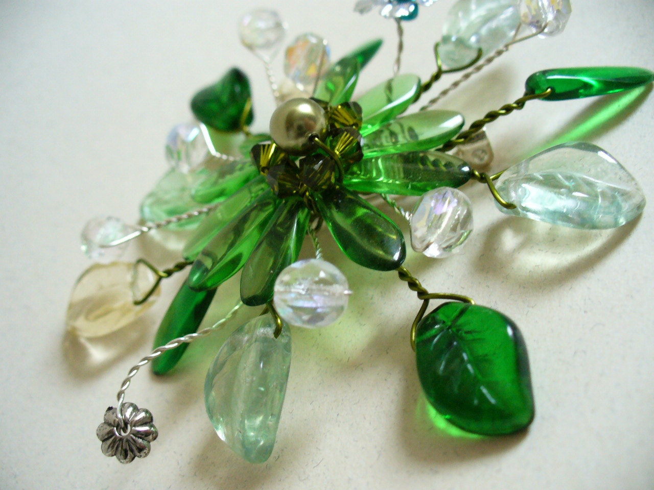 Green Glass Beaded Brooch with Swarovski Crystals, Spring, Green Flower Brooch, Green-eyed Goblin, Nymph, Woodland, Seasonal