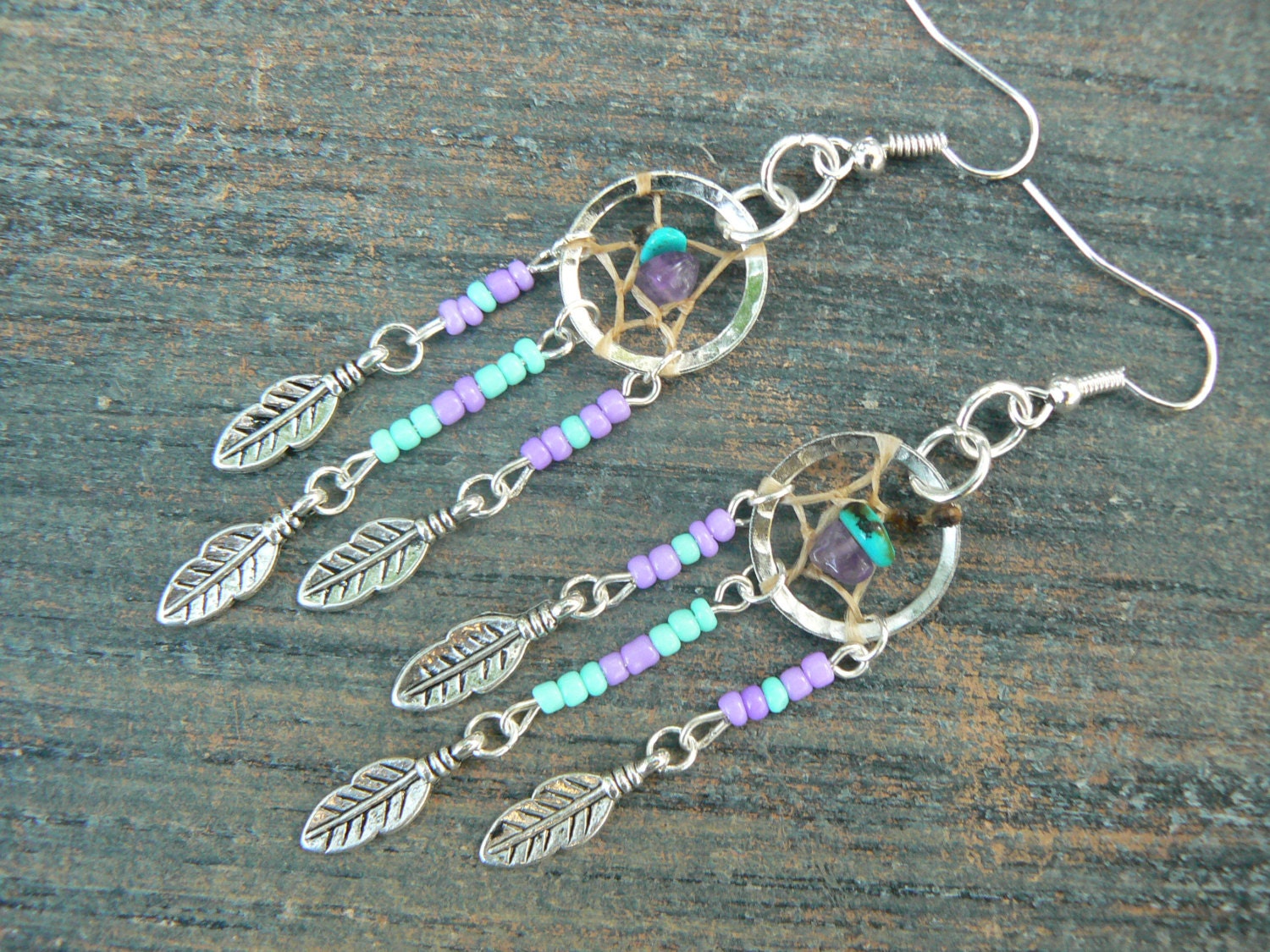 turquoise and amethyst dreamcatcher earrings in native american tribal boho belly dancer and hipster style