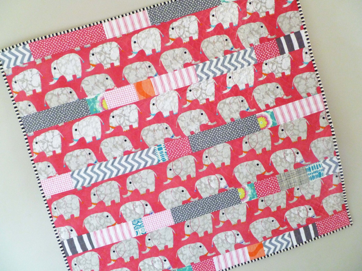 Modern Baby or Child's Quilt  Elephants on parade