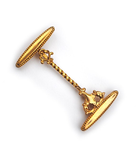 Victorian Era French Ornate Fleur de Lis Brass Watch Fob Double Pin Brooch
