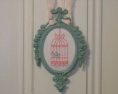 jade green vintage framed embroidered birdcage nursery decor wall hanging, shabby cottage chic bird cage picture