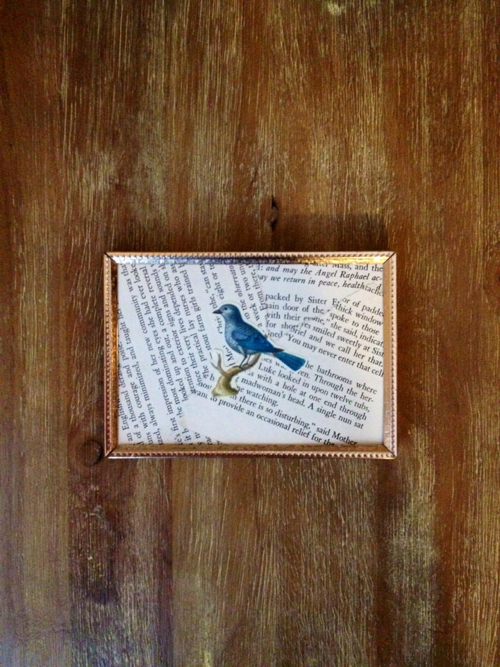 Rustic Gold Metal Frame with Bird Print Mounted on Old Book Pages