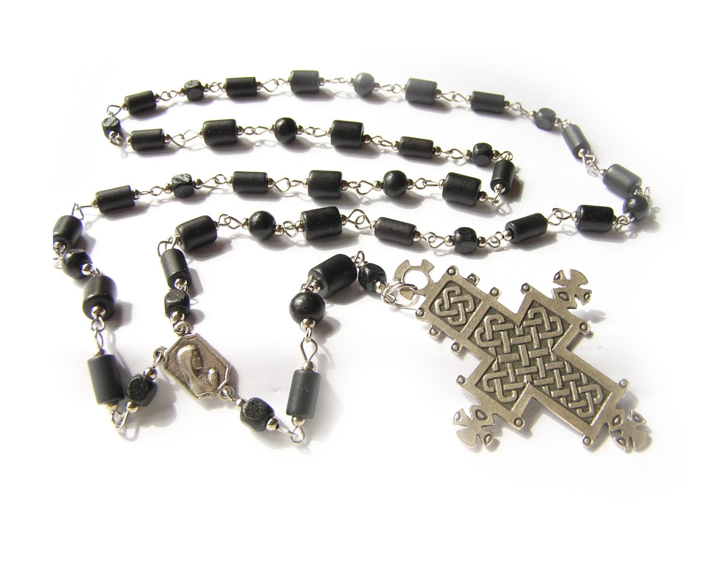 UNISEX ceramic-beaded rosary.OOAK. Handmade of BLACK ceramic, wooden and metal beads ending with cross