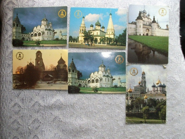 Set 6 vintage Soviet pocket calendars theme Golden Ring of Russia. Colorful nature collectible mixed media ephemera Made in Russian USSR era