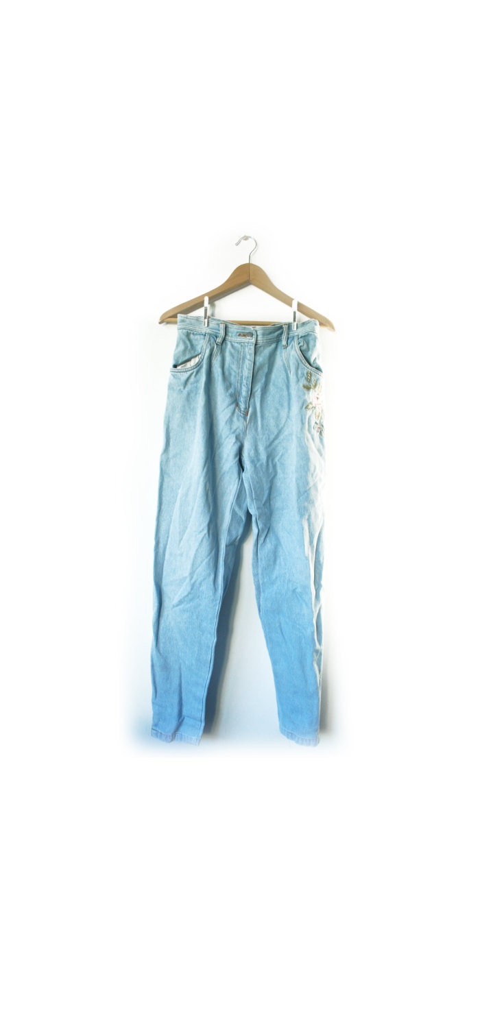 Mad vintage 90s FADED blue denim mum (or mom) jeans with FLORAL detailing