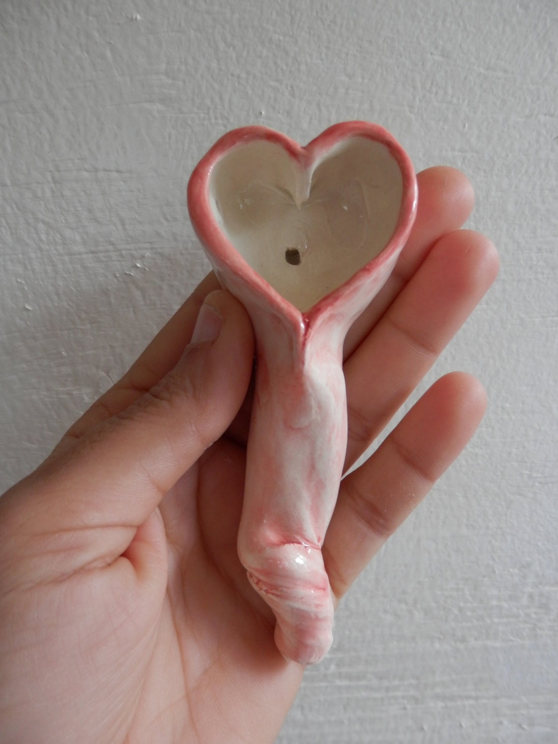 HEART Artist Signed Handmade Ceramic Pipe Clay Pipe Tobacco Pipe Hand Carved  Smoking Pipe Hand Sculpted Original Art Piece Red Pink HEART