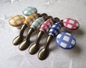 3" Dresser Drawer Pulls Knob Handles Gingham Antique Brass / Kitchen Cabinet Knobs Handle Hardware Red Blue Yellow Green White Eclectic Kids