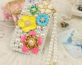 Elegant Handmade 3D Luxury White Pearl Colorful Flower Case With Pearl Chain For iphone 4/4s/5 Very Cute and Beautiful Great Gift for Ladies