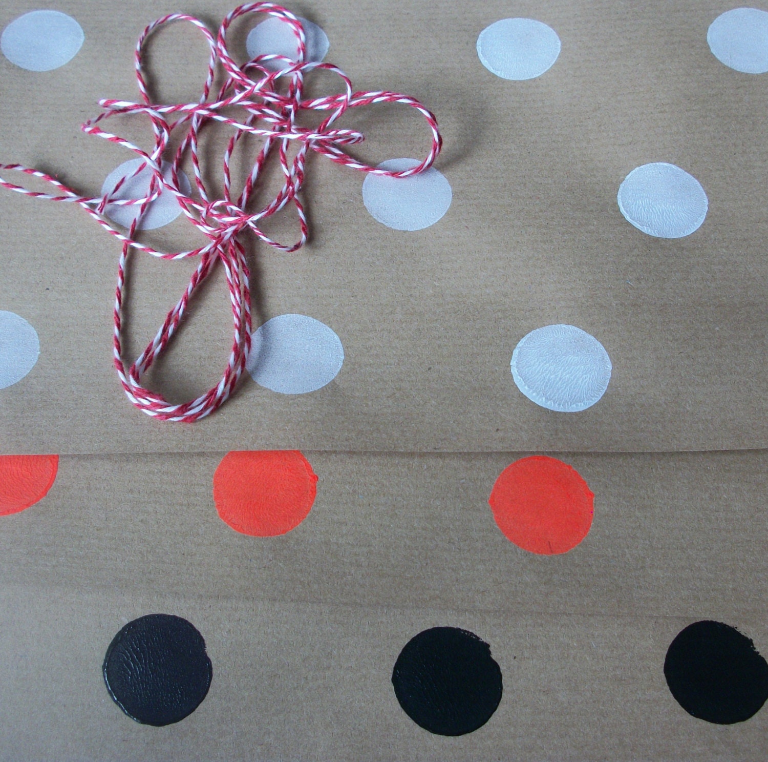 Polka dot kraft brown hand stamped wrapping paper.parcel paper.neon black white polka dot gift wrap.