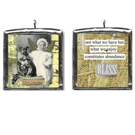 Follow Your Bliss. Altered art collage pendant Wearable shadowbox. Chain for necklace included. Seller pays shipping - LeAlteredMuse