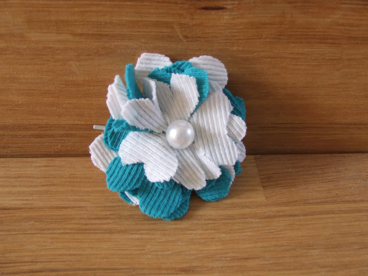 Turquoise and White Pom Pom Fabric Flower with Pearl Center Hair Clip