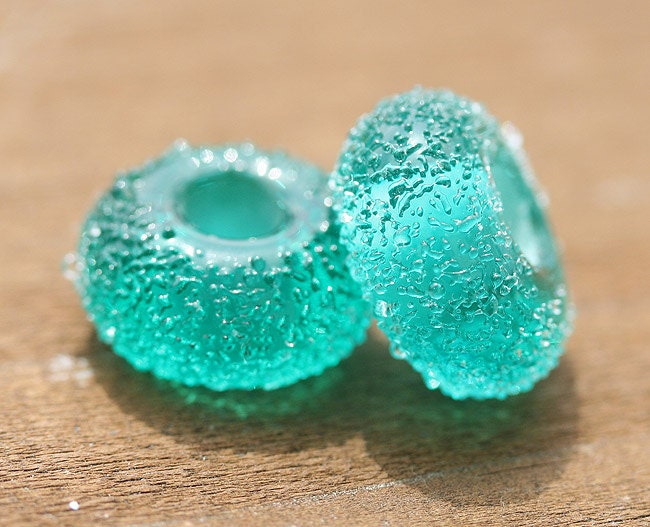Large hole beads PAIR in Ocean Teal green, handmade lampwork glass by MayaHoney