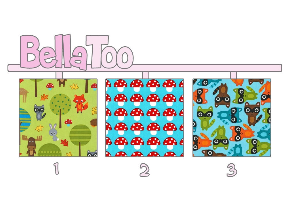 Crib Sheet - Toddler Bed Sheet - Raccoons Fox Trees Mushrooms Blue Green Brown Orange - Woodland Pals - Custom Made By BellaToo